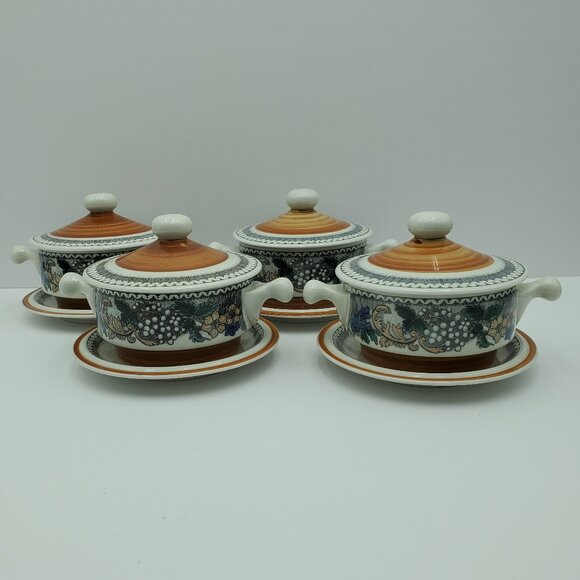 Goebel Other - Goebel Country Burgund Cream Soup Bowls Lugged Bowls Lids Saucers Lug Handles